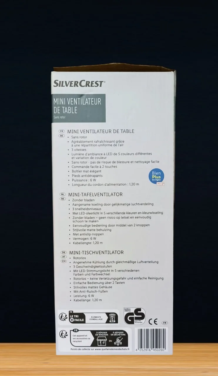 Настольный безлопастной мини-вентилятор SilverCrest 6W с LED-подсветкой — фото 4