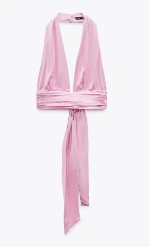 Zara Атласный топ с глубоким декольте и открытой спинкой нежно-розовый XS