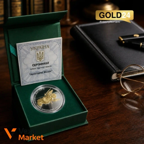 Срібна монета з позолотою "Архістратиг Михаїл" 31.1г 999 проба Україна