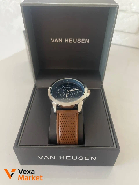 Мужские часы Van Heusen с синим циферблатом и коричневым ремешком