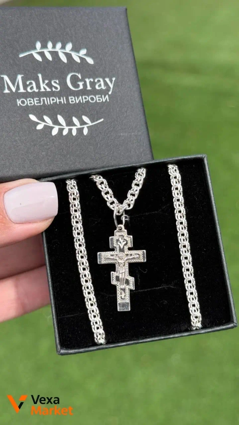Срібний ланцюжок Круглий Бісмарк з православним хрестиком зі срібла 925°