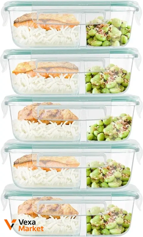 Winter Shore Meal Prep Glass Boxes, 5 шт, 2 секции, герметичные