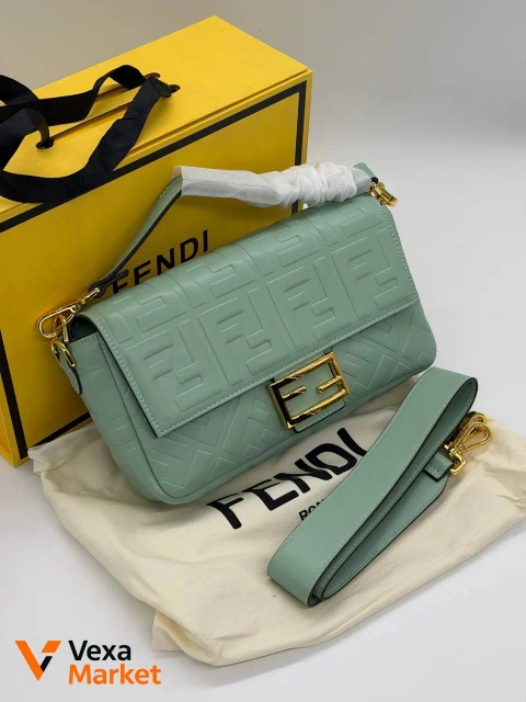 Fendi Baguette FF Embossed Leather Olive / Gold Bag