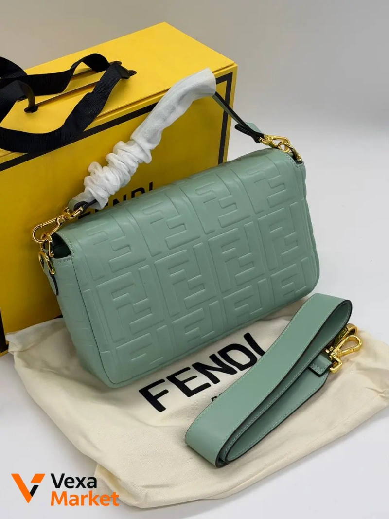 Fendi Baguette FF Embossed Leather Olive / Gold Bag — фото 2