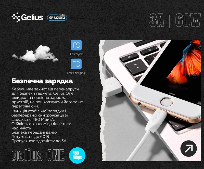 Кабель зарядний Type-C to Type-C Gelius One 3A 60W модель GP-UCN012 (1m) White 1 шт — фото 6