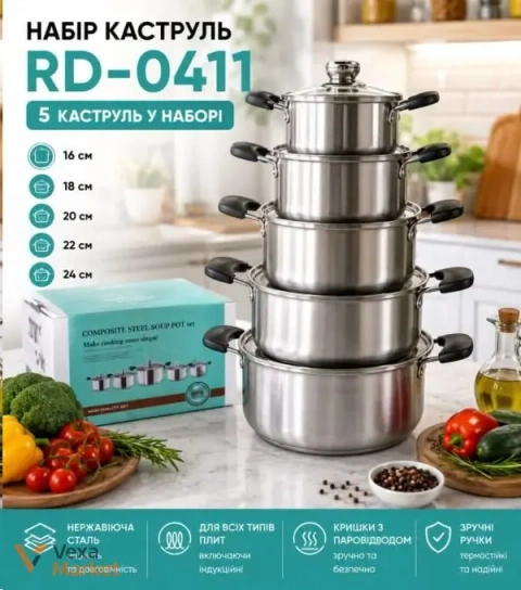 Набір каструль RD-0411 з нержавіючої сталі, 5 предметів (16-24 см)