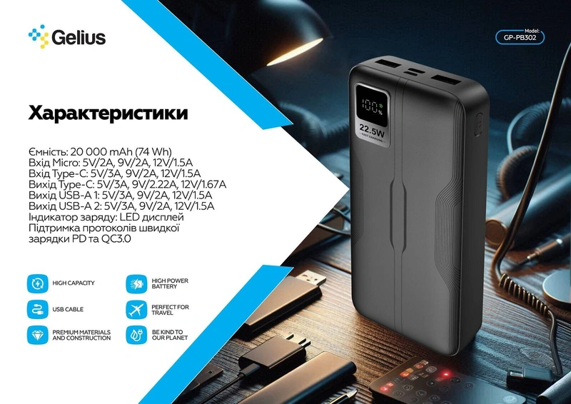 Повербанк Gelius RDS 20000mAh 22.5W(QC/PD) Black 1 шт. — фото 6