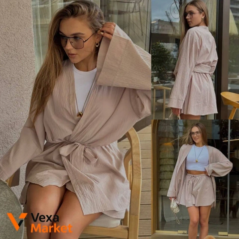 Костюм женский из коттона жатки: шорты и кимоно