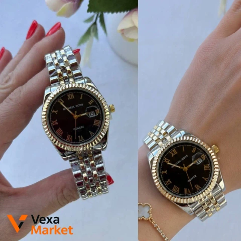 Женские часы Michael Kors серебристо-золотистые с черным циферблатом