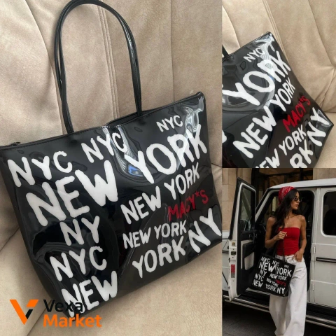 Сумка YKK натуральная кожа/лак черная с принтом NEW YORK