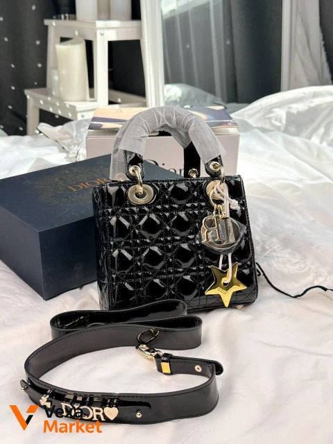 Dior Lady Black Patent Cannage Gold Hardware