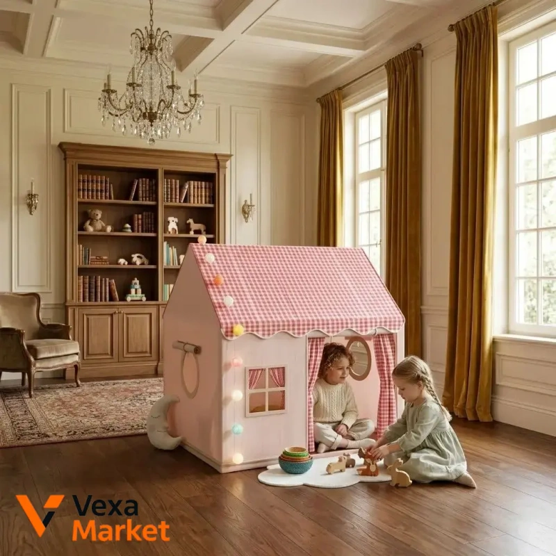 Дитячий ігровий будиночок GINGHAM-PINK-HOUSE з кульками 120х100х60см — фото 5