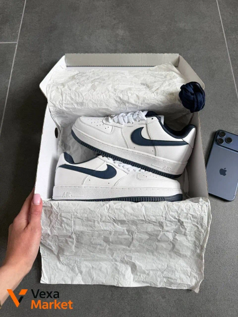 Nike Air Force 1 Low White Navy Blue шкіра