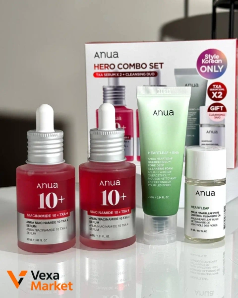 Набір для очищення та сяйва шкіри Anua Hero Combo Set (Сироватка Niacinamide 10% TXA4 Serum 2x30ml, Пінка Heartleaf + BHA Pore Deep Cleansing Foam 25ml, Гідрофільна олія Heartleaf Pore Control Cleansi