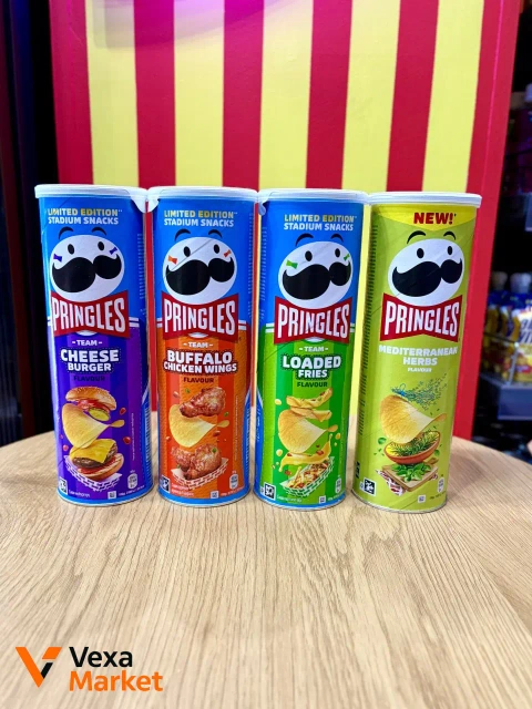Чіпси Pringles 165г (Cheese Burger, Buffalo Chicken Wings, Loaded Fries, Mediterranean Herbs)