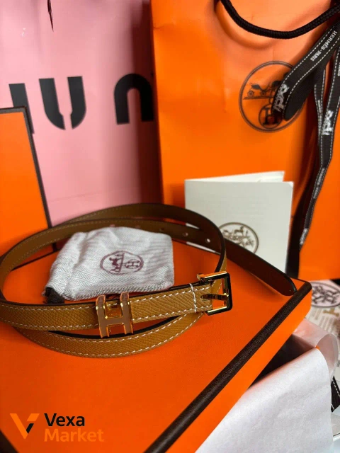Ремінь Hermes карамель/холодний беж, фурнітура золото, довжина 105см