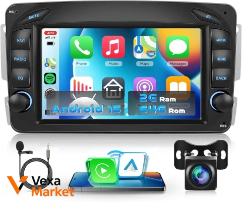 VECHTEL Autoradio 2G+64G Android 15 для Mercedes-Benz C-Class, CLK, G-Class W203, W209, W463, Viano, Vito W639