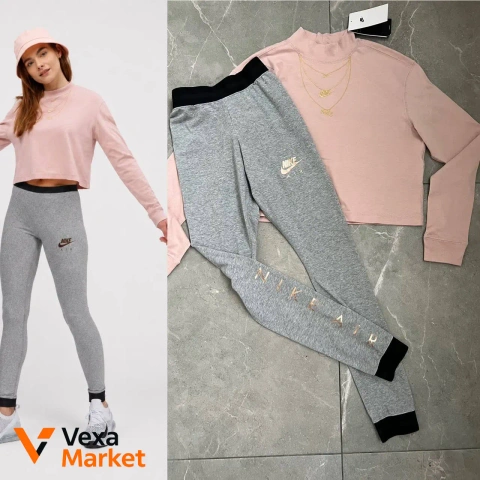 Nike Air жіночий костюм (лонгслів + лосіни) рожевий/сірий р. XS