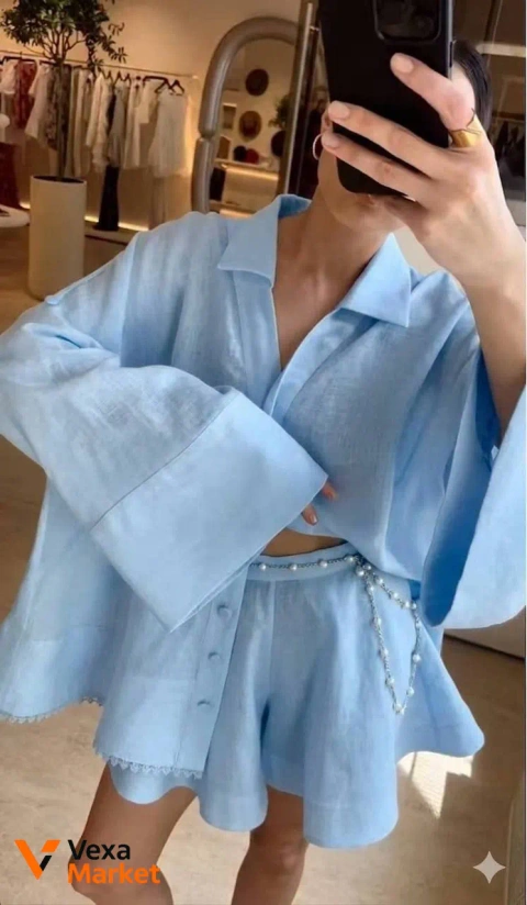 Костюм Zimmermann блакитний блузон, шорти + пояс-ланцюжок