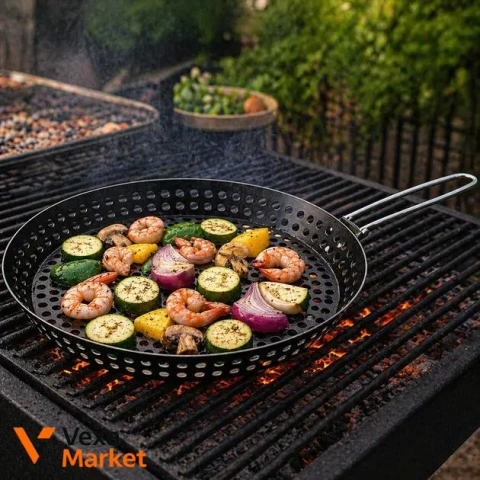 Сковорода для гриля BBQ перфорована Ø30 см, сталь, з металевою ручкою