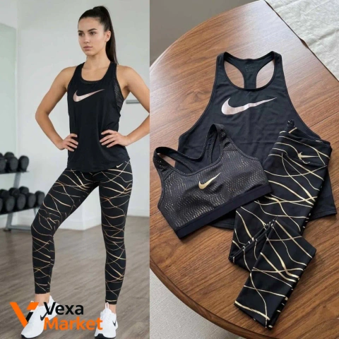 Спортивний комплект Nike жіночий топ і лосіни чорний з золотим