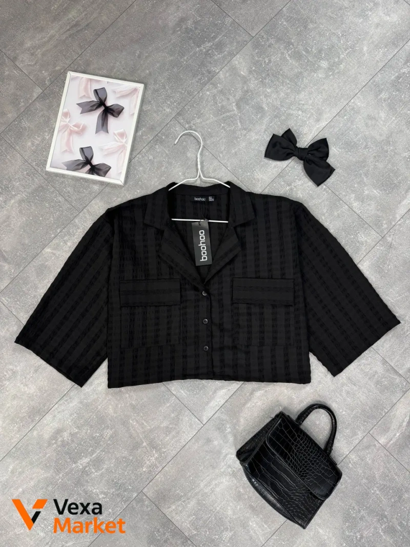 Boohoo Текстурна чорна кроп-сорочка UK 14 / 48-50 — фото 4