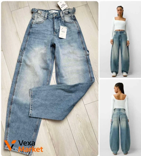 Джинси-балони Bershka висока посадка blue-denim