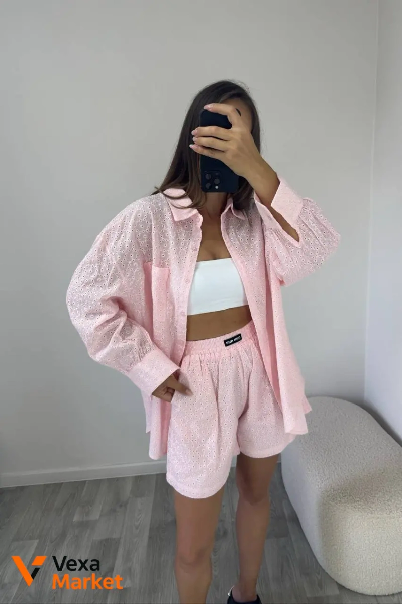 Костюм Miu Miu женский из 100% хлопка, прошва, розовый, размеры S M L — фото 2