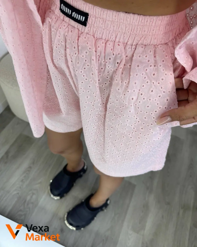 Костюм Miu Miu женский из 100% хлопка, прошва, розовый, размеры S M L — фото 3
