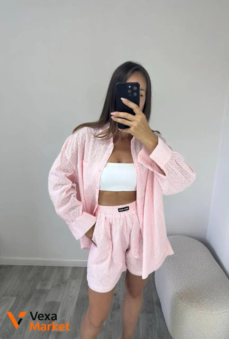 Костюм Miu Miu женский из 100% хлопка, прошва, розовый, размеры S M L — фото 4