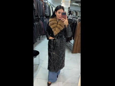 Зимовий преміальний пуховик з італійської тканини vogue, довжина 120 см, оздоблення хутром куниці