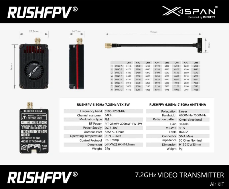 Відеопередавач RushFPV XSPAN 6.1G-7.2G 64CH 3W RushFPV — фото 5