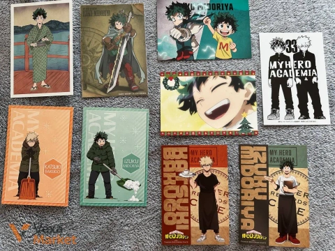 Залишки мерчу My Hero Academia: листівки, шикіши, світильник, подушка, брелок, пін, значки