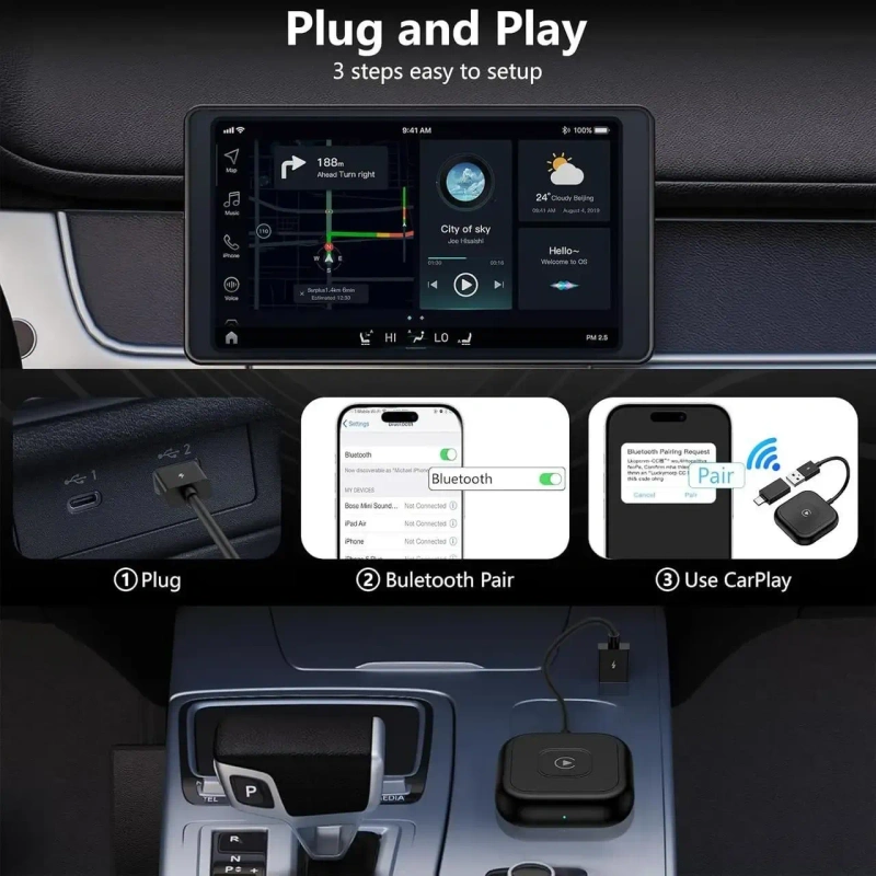 Бездротовий CarPlay адаптер для iPhone 15/16/17, USB/USB-C, Plug&Play, iOS 10+ — фото 2