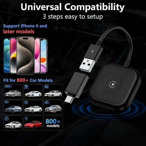 Бездротовий CarPlay адаптер для iPhone 15/16/17, USB/USB-C, Plug&Play, iOS 10+