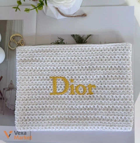 Біла плетена косметичка з рафії та дзеркальце Dior