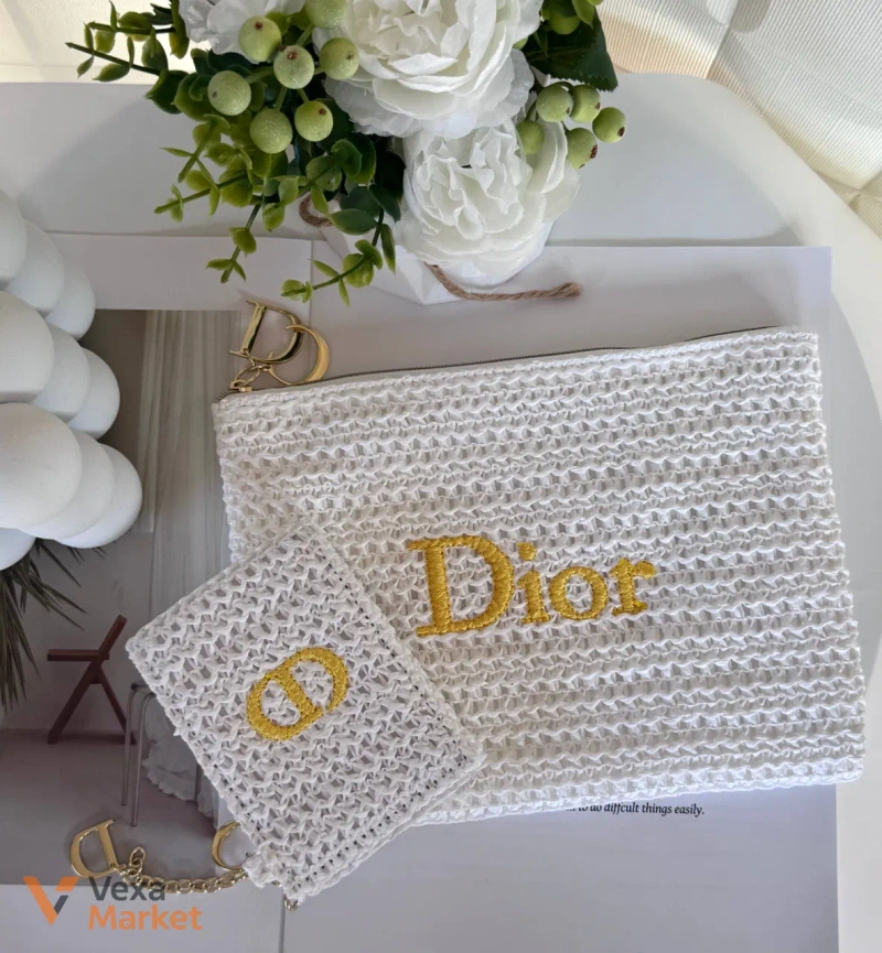 Біла плетена косметичка з рафії та дзеркальце Dior — фото 2