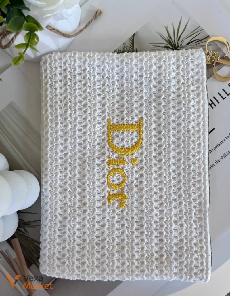 Біла плетена косметичка з рафії та дзеркальце Dior — фото 3