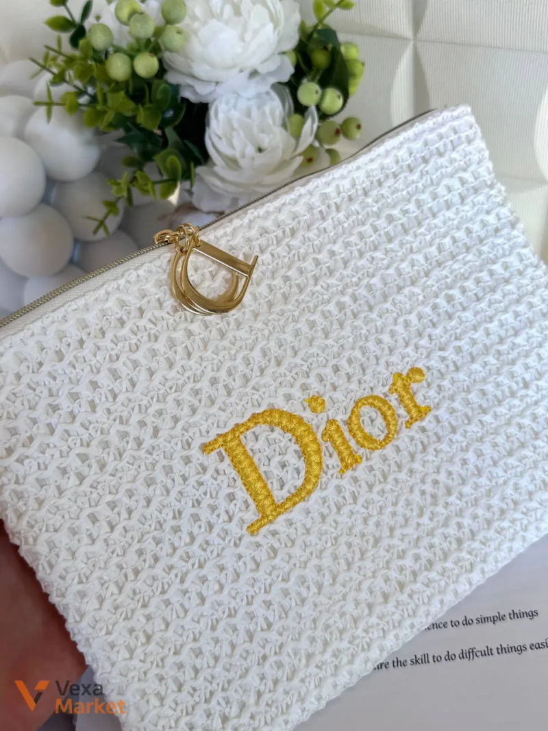 Біла плетена косметичка з рафії та дзеркальце Dior — фото 4