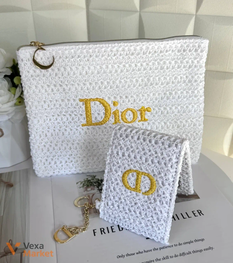Біла плетена косметичка з рафії та дзеркальце Dior — фото 6