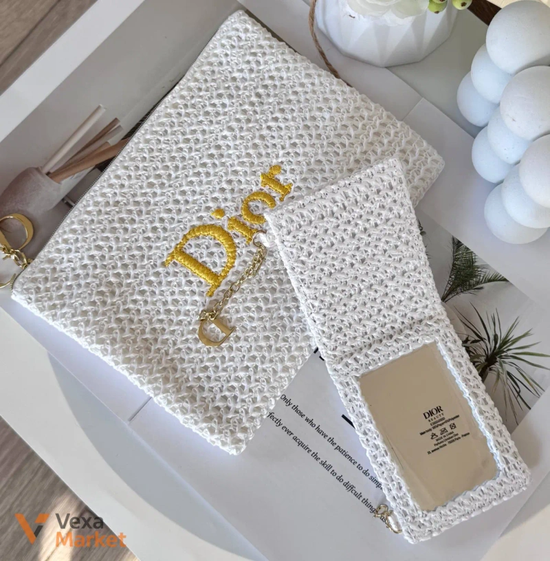 Біла плетена косметичка з рафії та дзеркальце Dior — фото 7