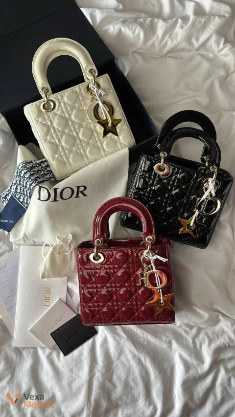 Dior Lady Black Patent Cannage Gold Hardware