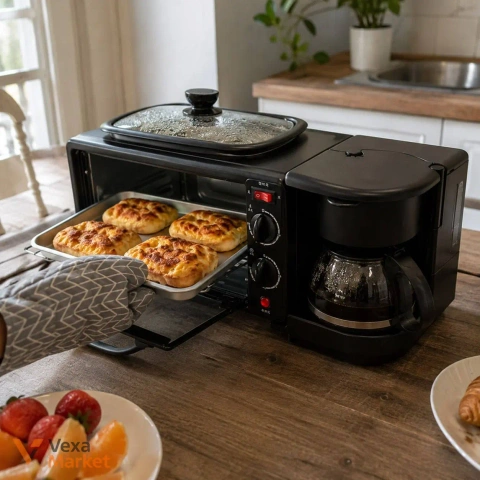 Електрична духовка 3-в-1 Domotec MS-5308B з кавоваркою та сковорідкою