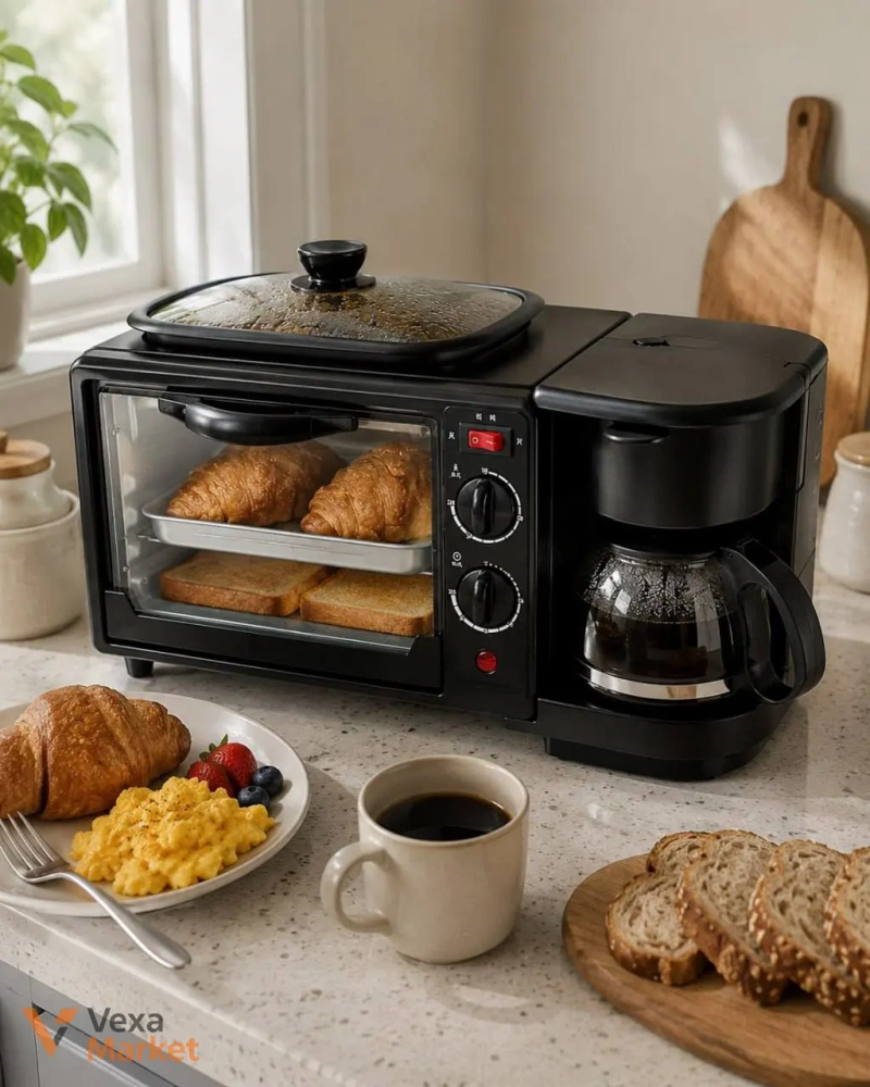 Електрична духовка 3-в-1 Domotec MS-5308B з кавоваркою та сковорідкою — фото 2