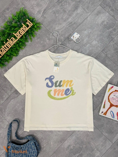 Футболка Primark молочного кольору оверсайз з принтом "Summer"