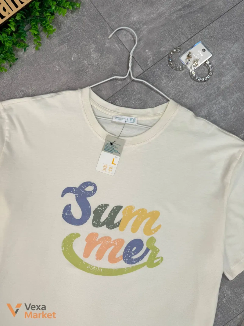 Футболка Primark молочного кольору оверсайз з принтом "Summer" — фото 2