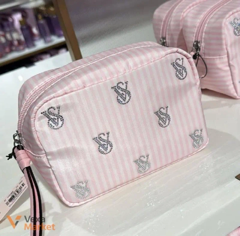 Косметичка Victoria's Secret розовая в полоску с логотипами VS
