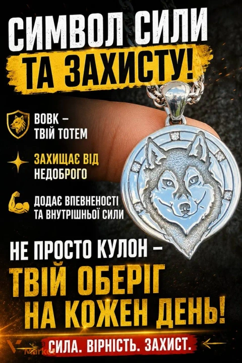 Кулон "Вовк" зі срібла 925 проби, довжина 50-65 см