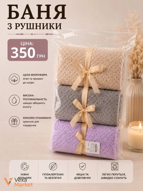 Набір банних рушників з мікрофібри 140x70 см, 3 шт.