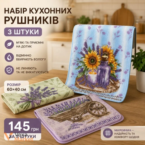 Набір кухонних рушників з мікрофібри, 3 шт., 60х40 см